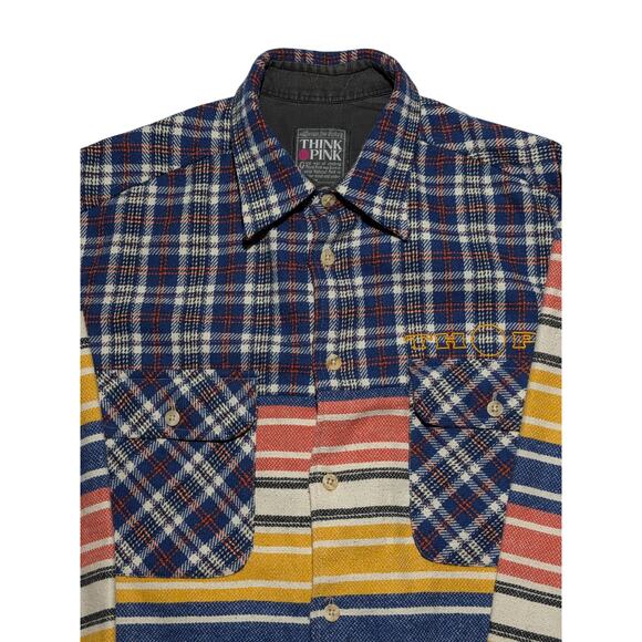 Think Pink Patchwork Flannel Shirt L Plaid Stripe Outdoor Vintage - Picture 2 of 14